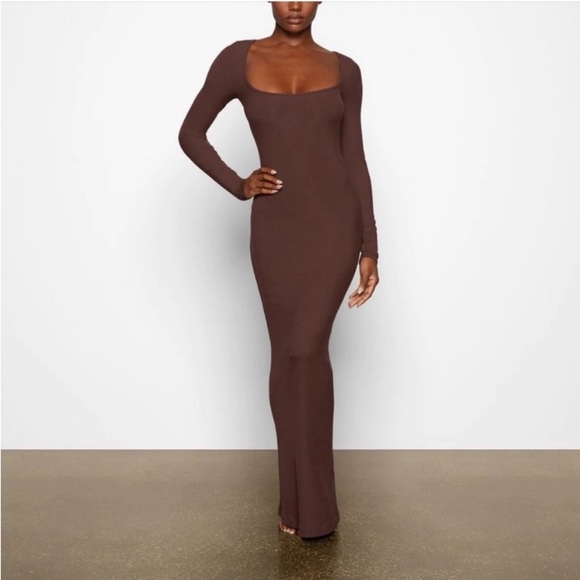 SKIMS Dresses & Skirts - SKIMS Mocha Brown Lounge Long Sleeve Ribbed Dress